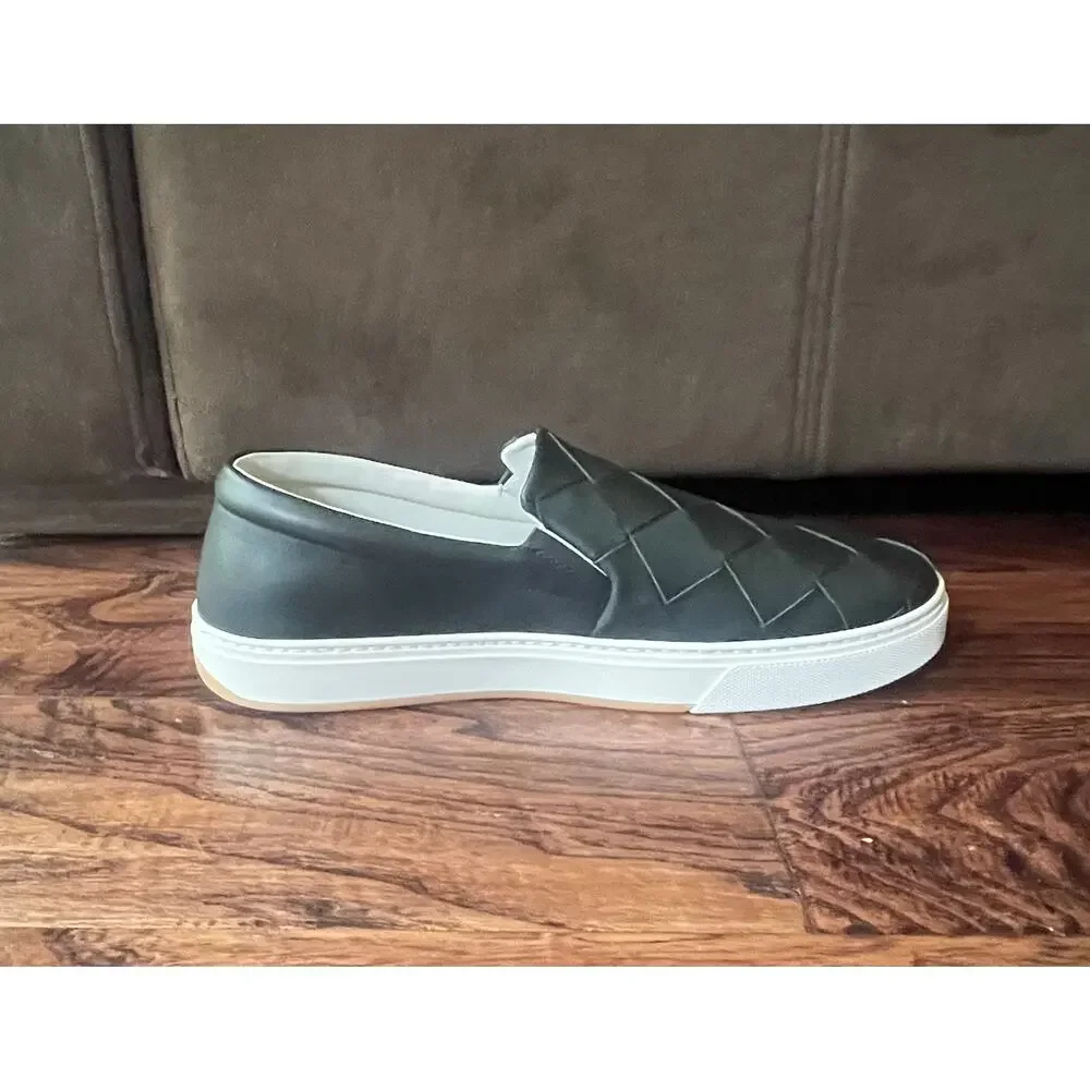 $1095 NIB Bottega Veneta Intrecciato Leather Slip-On Sneakers Black White 9(42)